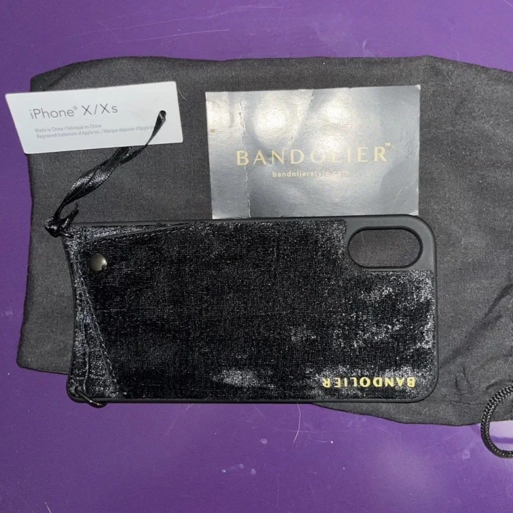Bandolier black velvet phone case crossbody strap fits IPhone X & XS card slot